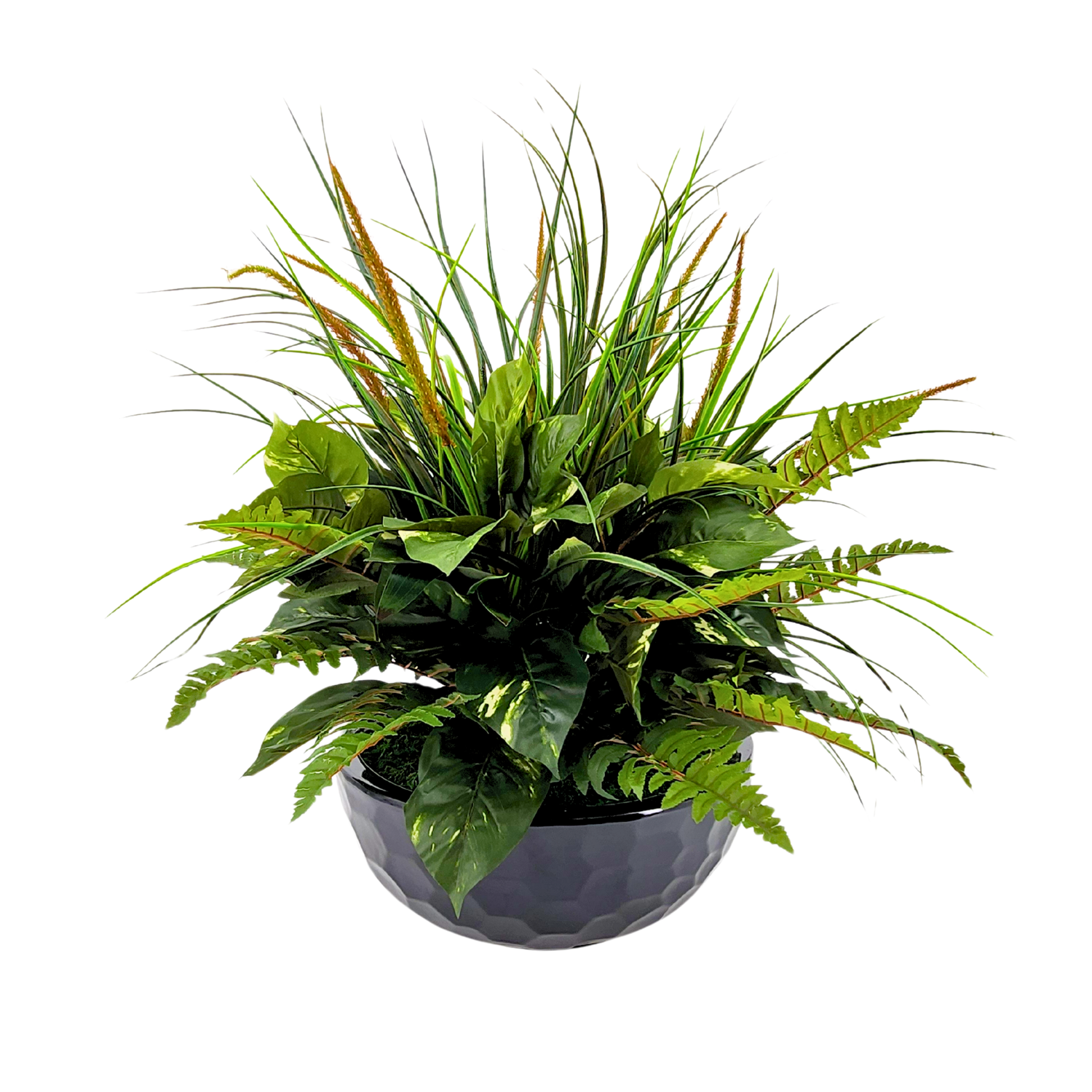 Artificial Mixed Greenery in Glossy Black Dimpled Ceramic Bowl on a white background, by House of Silk Flowers.