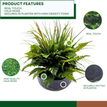 Artificial Mixed Greenery in Glossy Black Dimpled Ceramic Bowl on a white background, with product features, by House of Silk Flowers.
