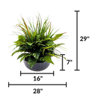 Artificial Mixed Greenery in Glossy Black Dimpled Ceramic Bowl on a white background, featuring product dimensions, by House of Silk Flowers.