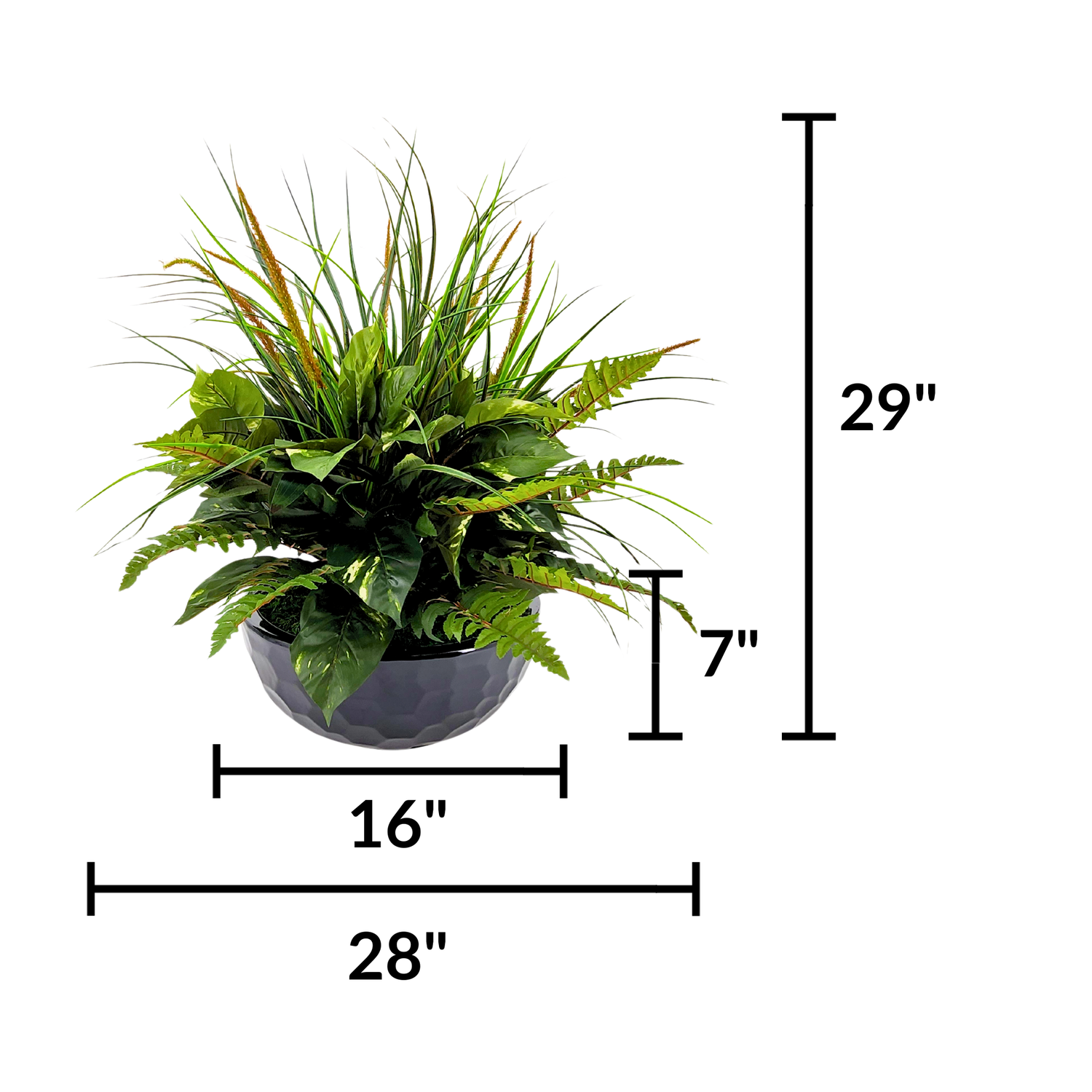 Artificial Mixed Greenery in Glossy Black Dimpled Ceramic Bowl on a white background, featuring product dimensions, by House of Silk Flowers.