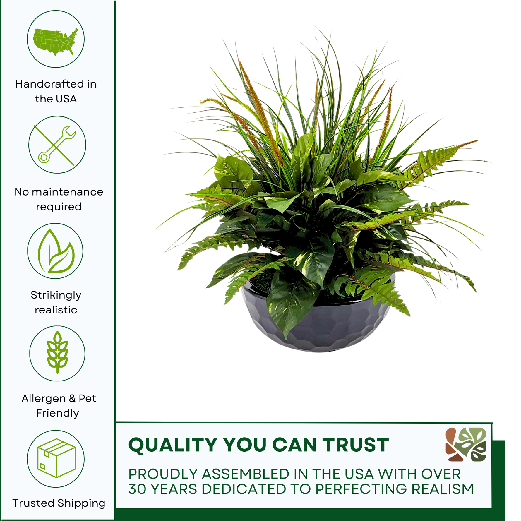Artificial Mixed Greenery in Glossy Black Dimpled Ceramic Bowl on a white background, featuring quality assurances, by House of Silk Flowers.