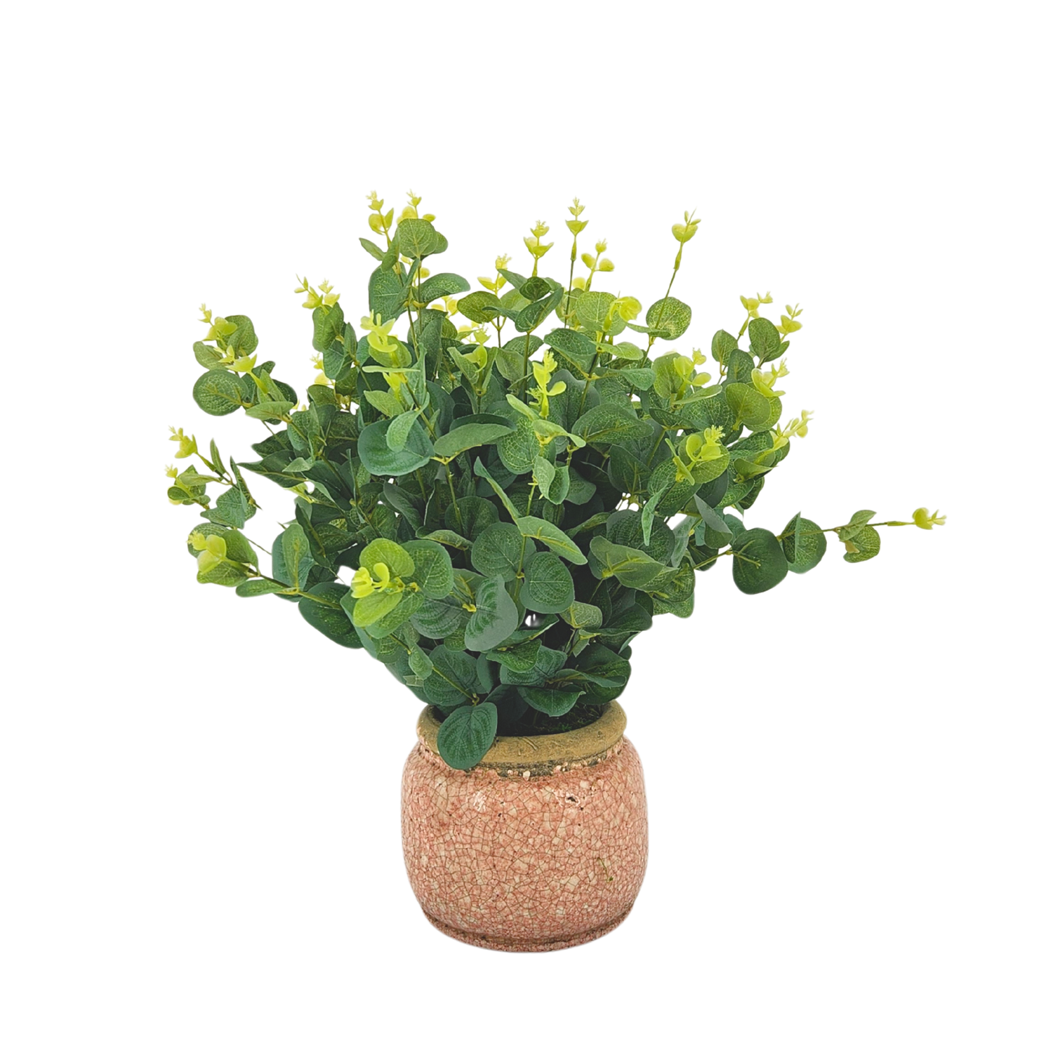 Faux eucalyptus in pink crackled ceramic against a white background, by House of Silk Flowers.
