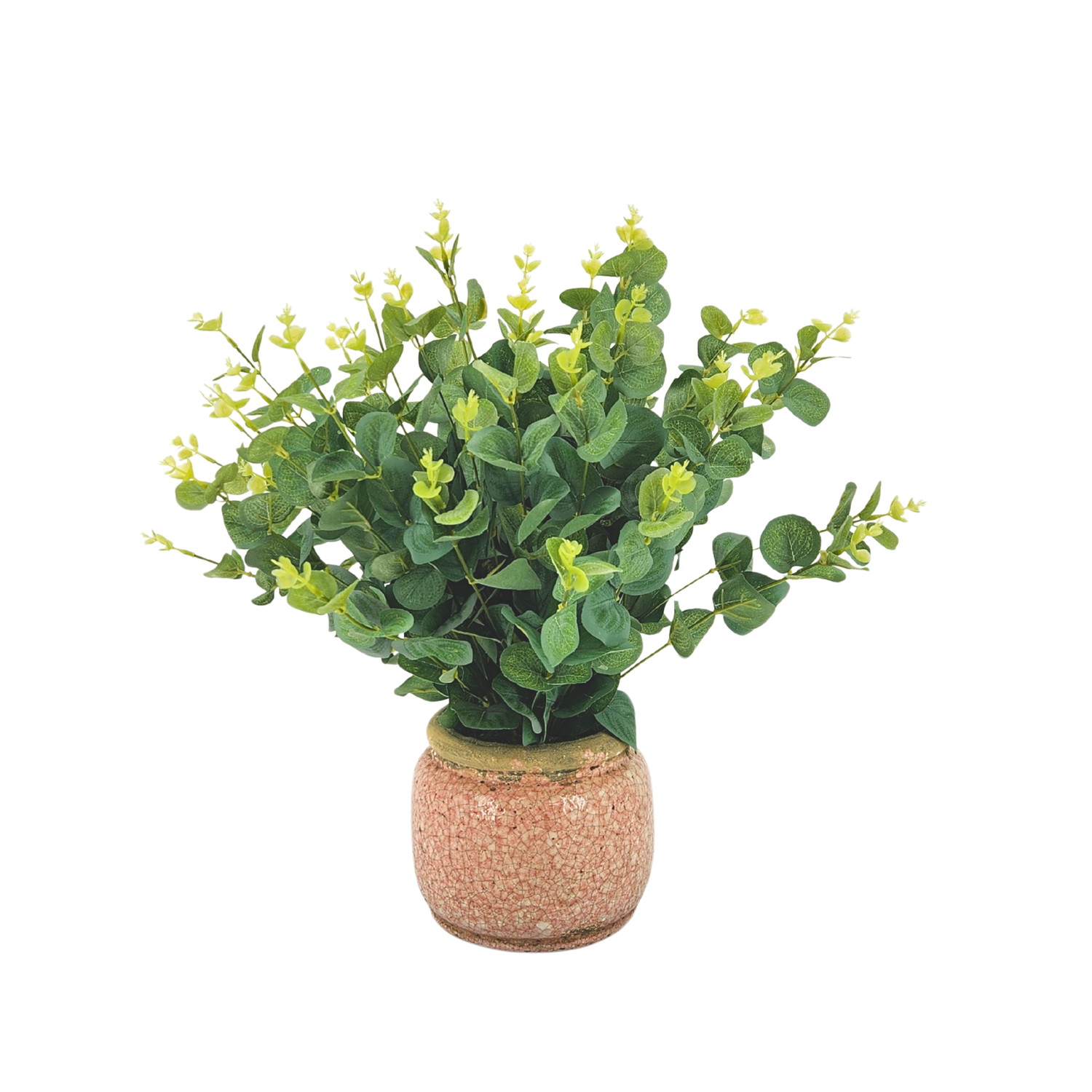 Faux eucalyptus in pink crackled ceramic against a white background, by House of Silk Flowers.