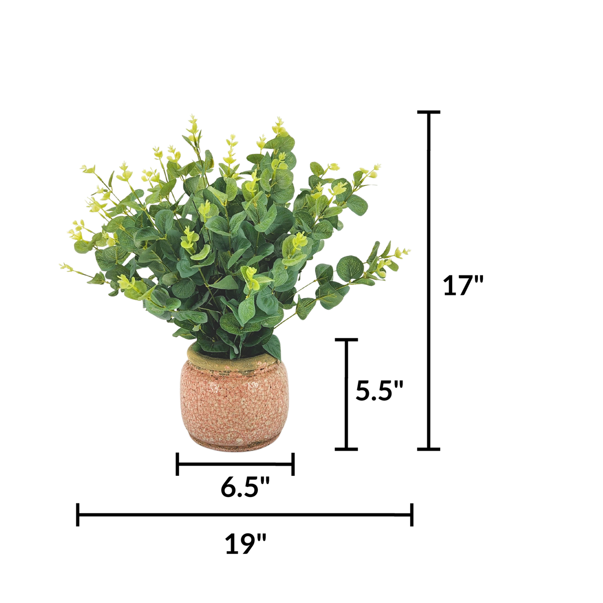Faux eucalyptus in pink crackled ceramic against a white background, featuring measurements, by House of Silk Flowers.