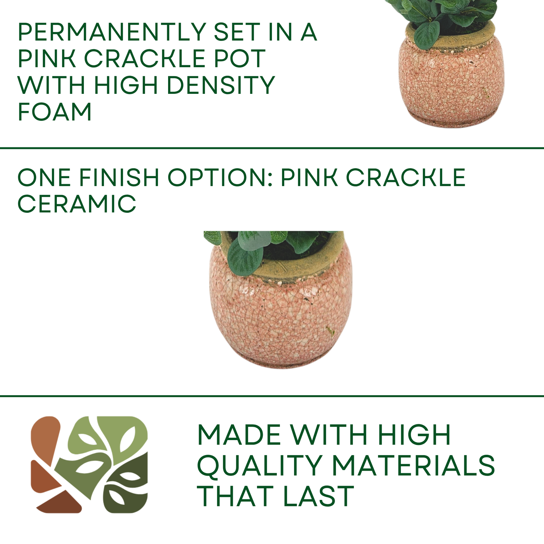 Faux eucalyptus in pink crackled ceramic against a white background, featuring product options, by House of Silk Flowers.
