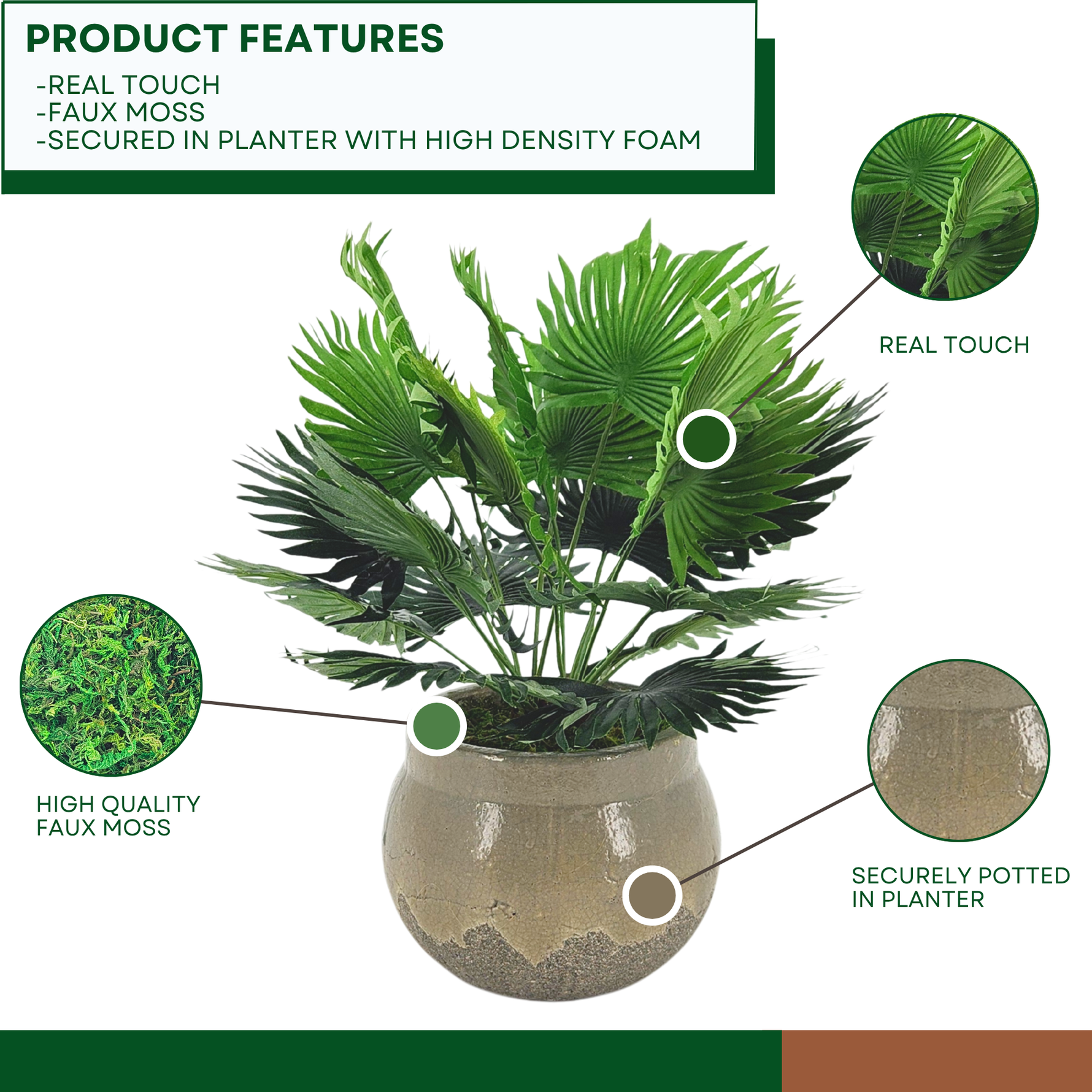 Faux fan palm arrangement in round gray ceramic against a white background, highlighting product features, by House of Silk Flowers.