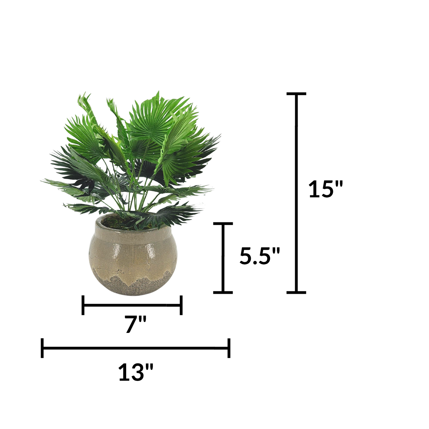 Faux fan palm arrangement in round gray ceramic against a white background, featuring measurements, by House of Silk Flowers.