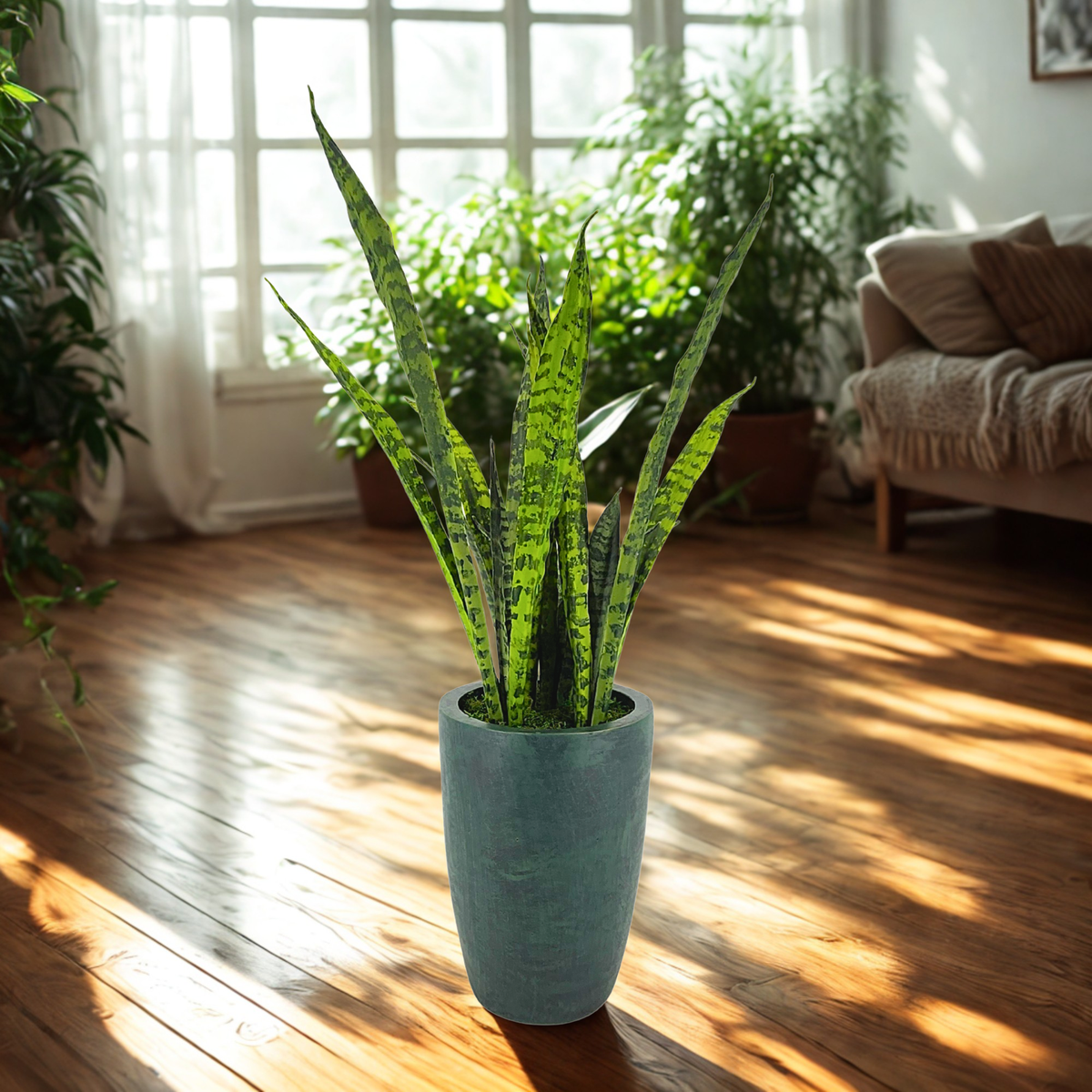 Faux 30" variegated snake plant in gator green planter on a living room floor, by House of Silk Flowers.
