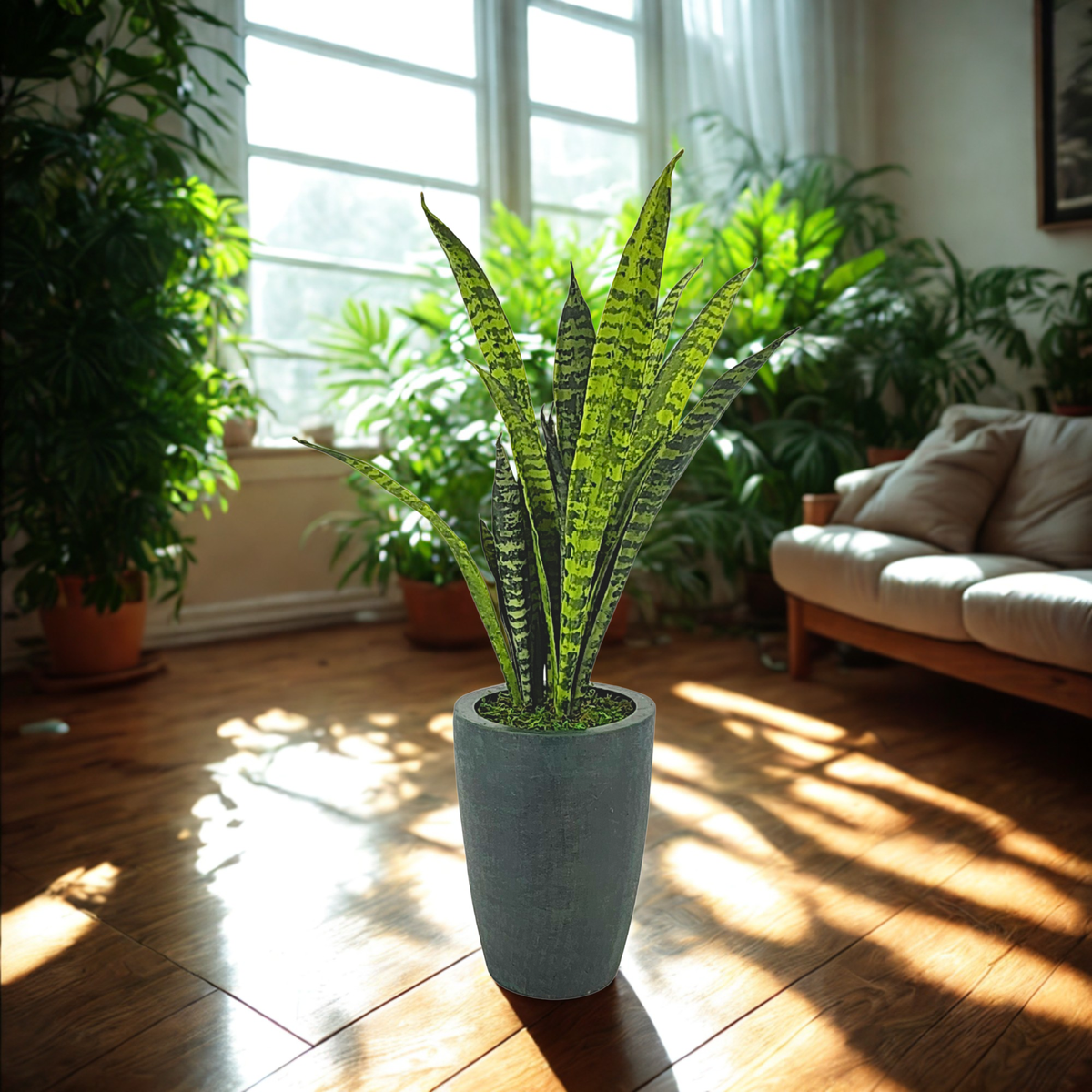 Faux 25" variegated snake plant in gator green planter on a living room floor, by House of Silk Flowers.
