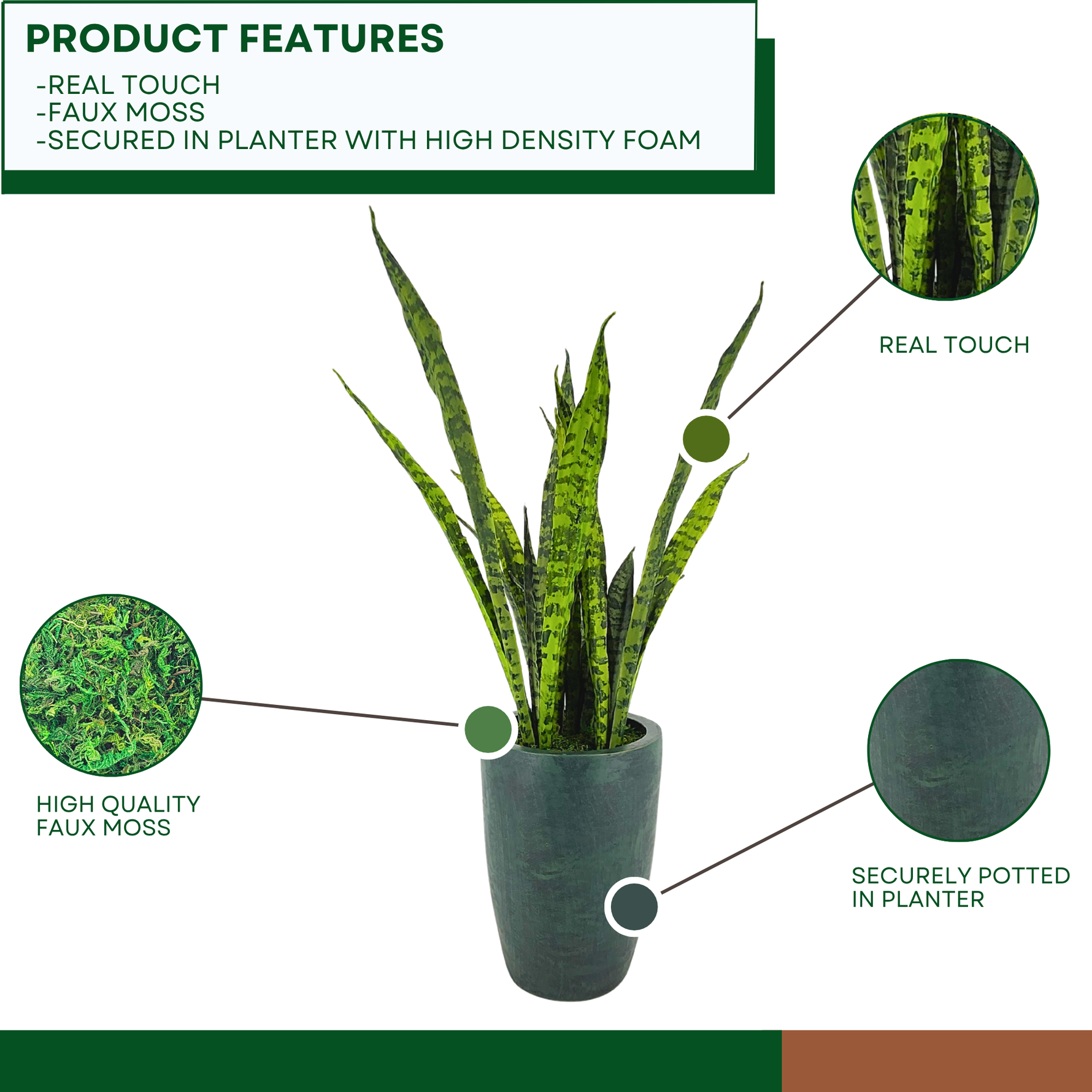 Faux variegated snake plant in gator green planter against a white background, highlighting product features, by House of Silk Flowers.