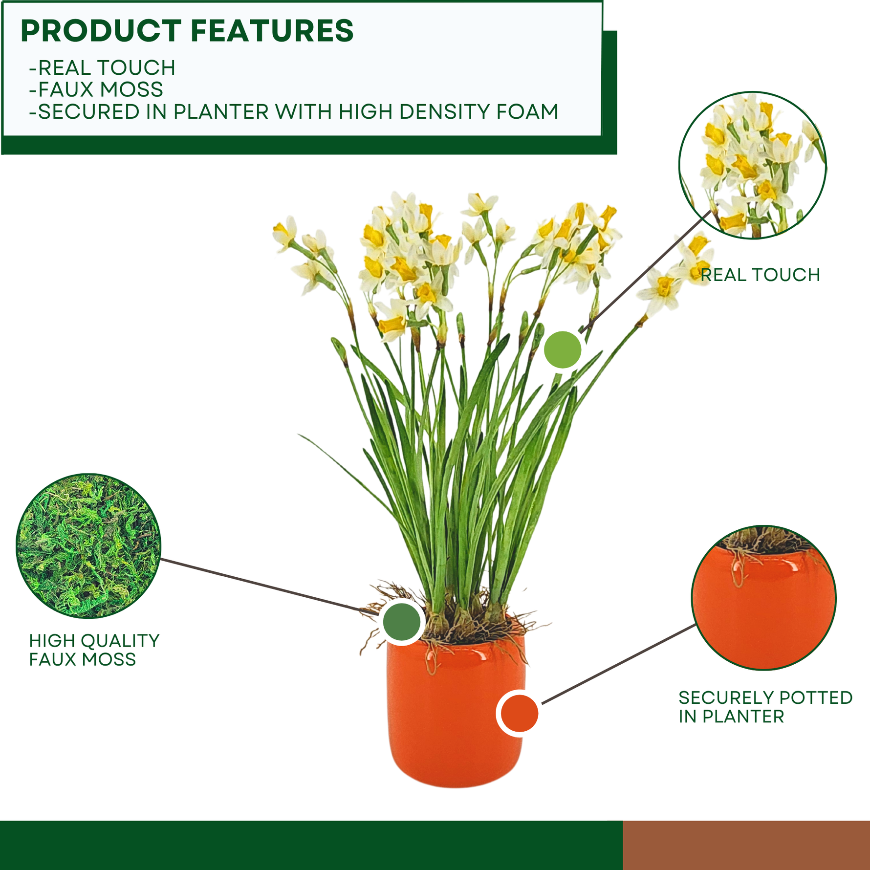Faux narcissus arrangement in glossy orange ceramic against a white background, highlighting product features, by House of Silk Flowers.
