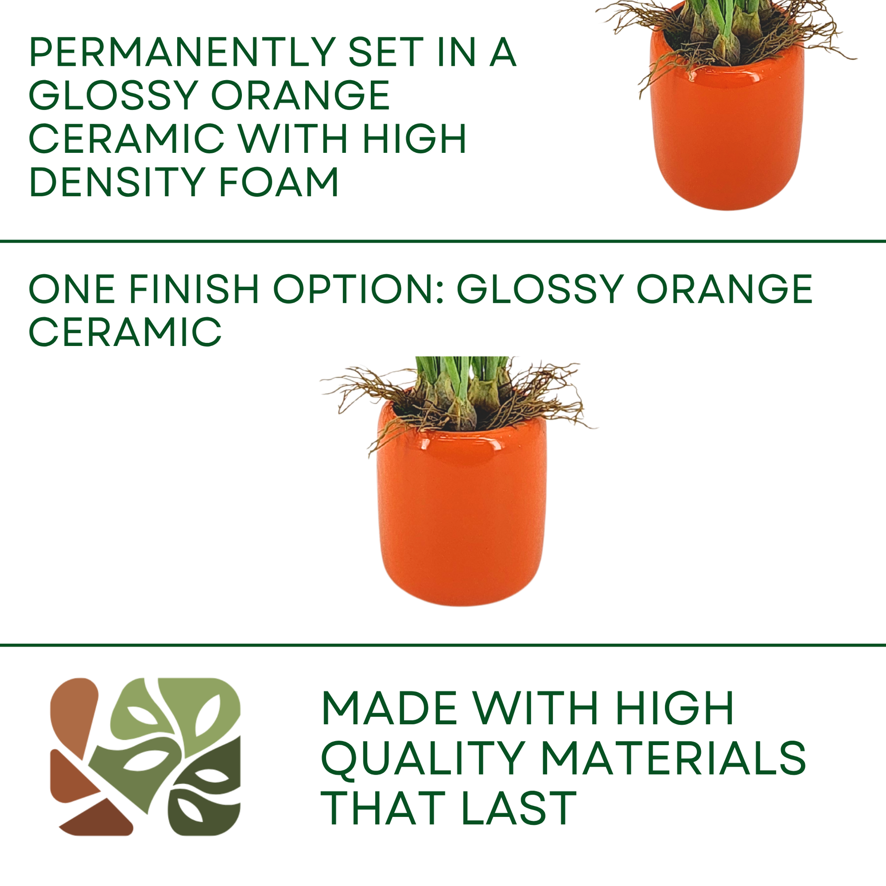 Faux narcissus arrangement in glossy orange ceramic against a white background, featuring product options, by House of Silk Flowers.