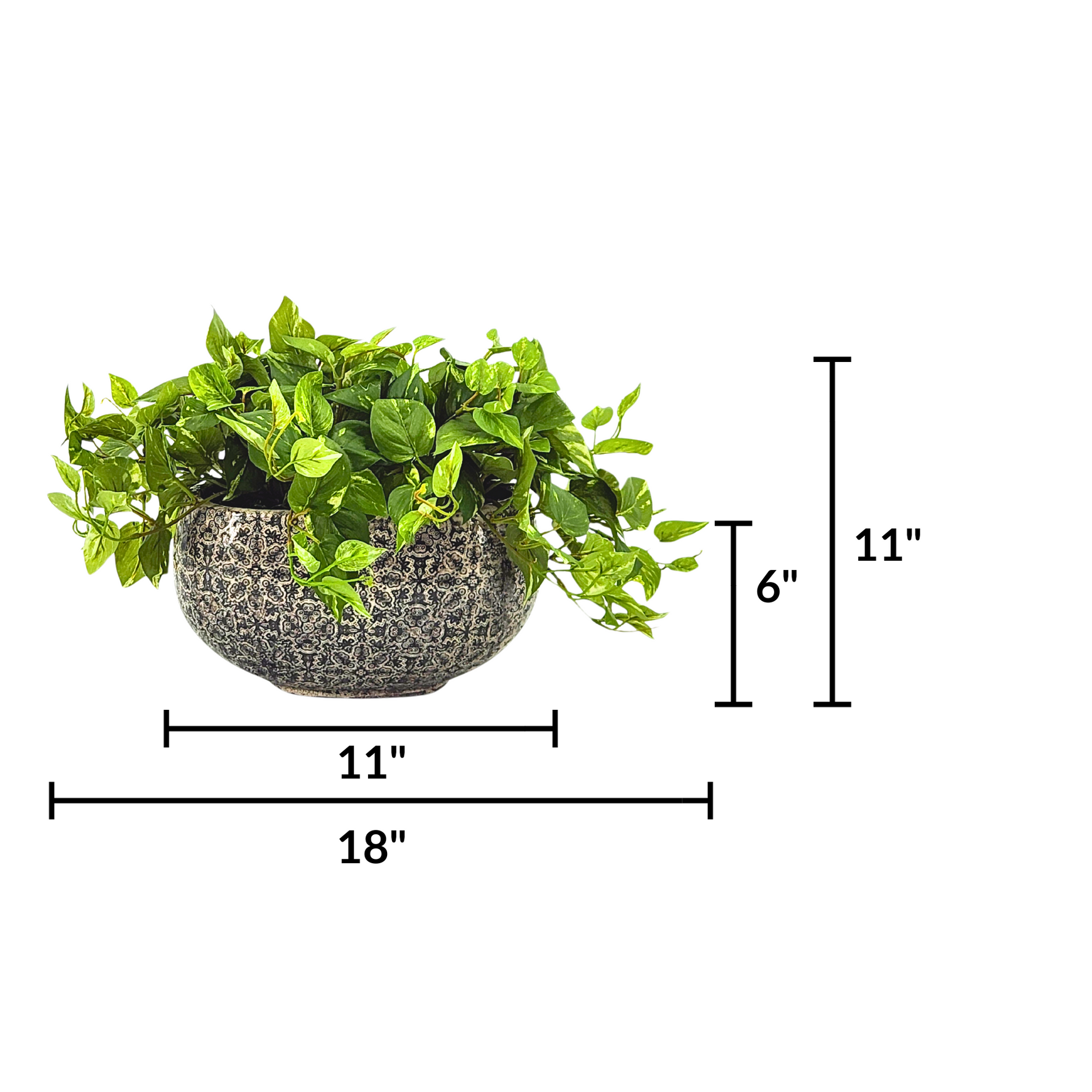 Faux Pothos in grey print pot by House of Silk Flowers measurements