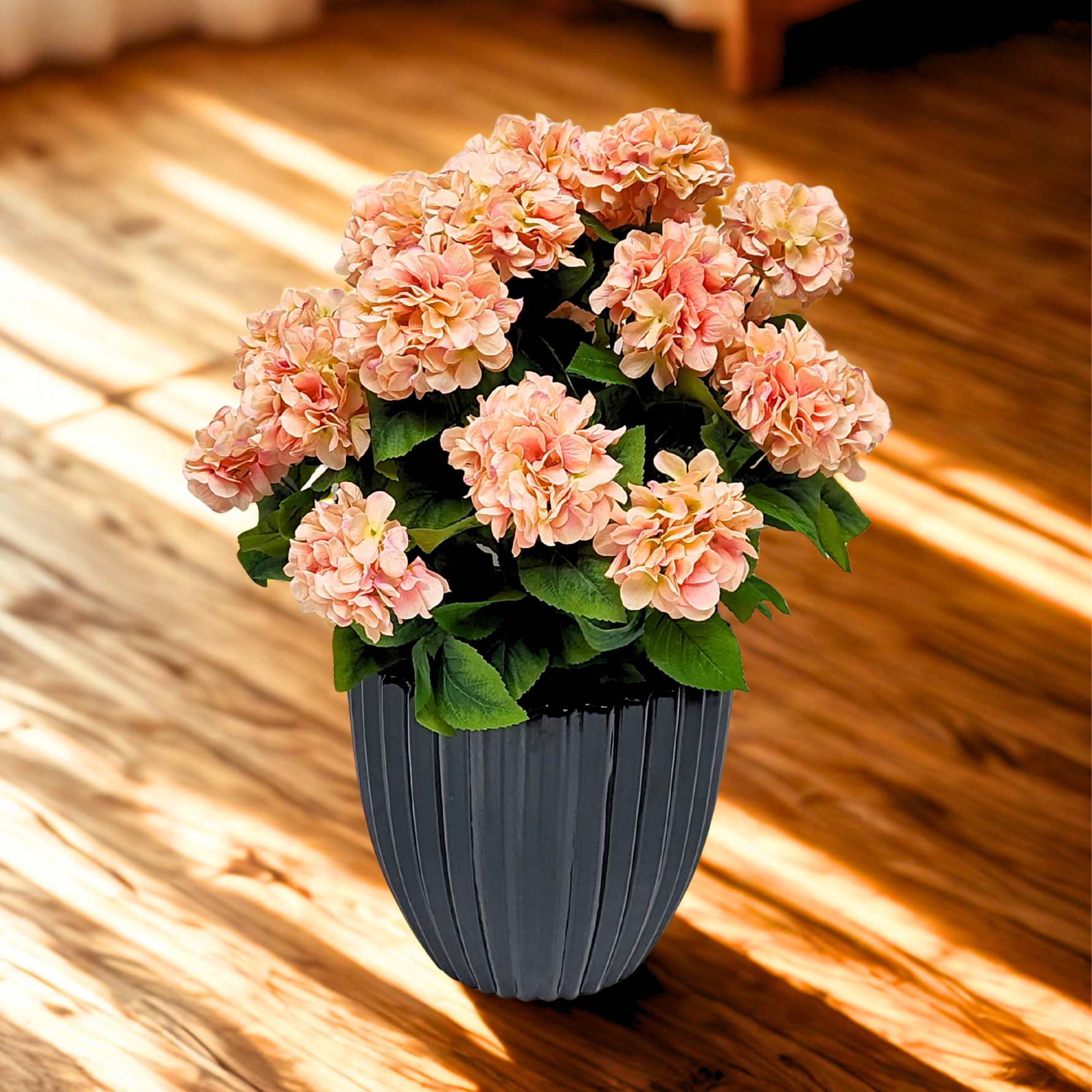 Artificial pink hydrangea by House of Silk Flowers in a Glossy Black Ceramic environment
