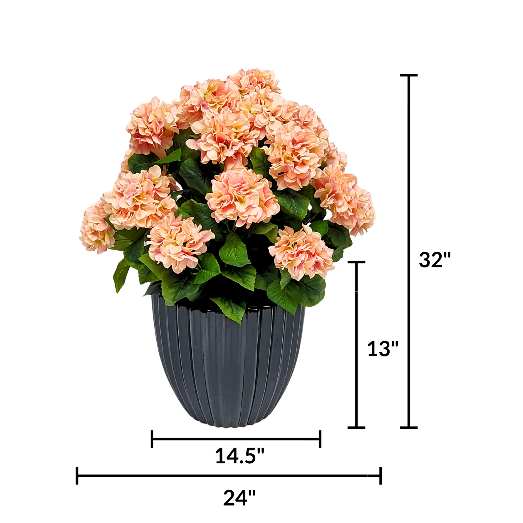 Artificial pink hydrangea by House of Silk Flowers in a Glossy Black Ceramic measurements