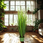 Faux 42-inch Green Onion Grass in green nursery pot, sitting on a living room floor, by House of Silk Flowers.