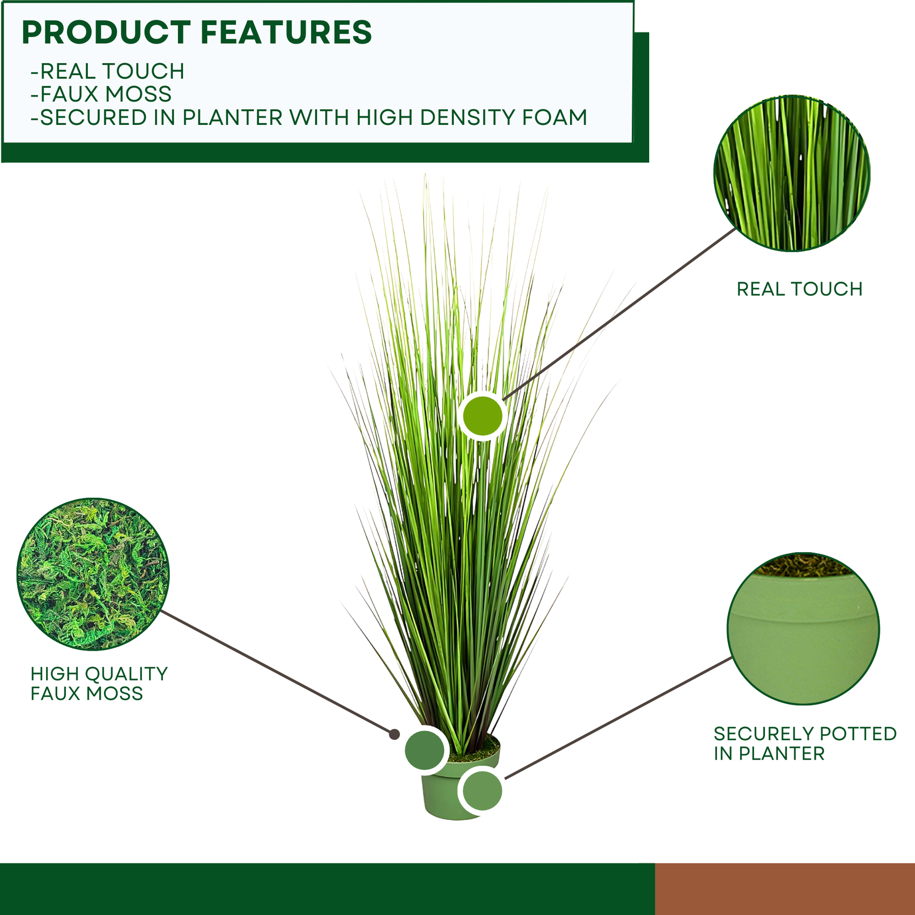 Faux 42-inch Green Onion Grass in green nursery pot on a white background, including product features, by House of Silk Flowers.