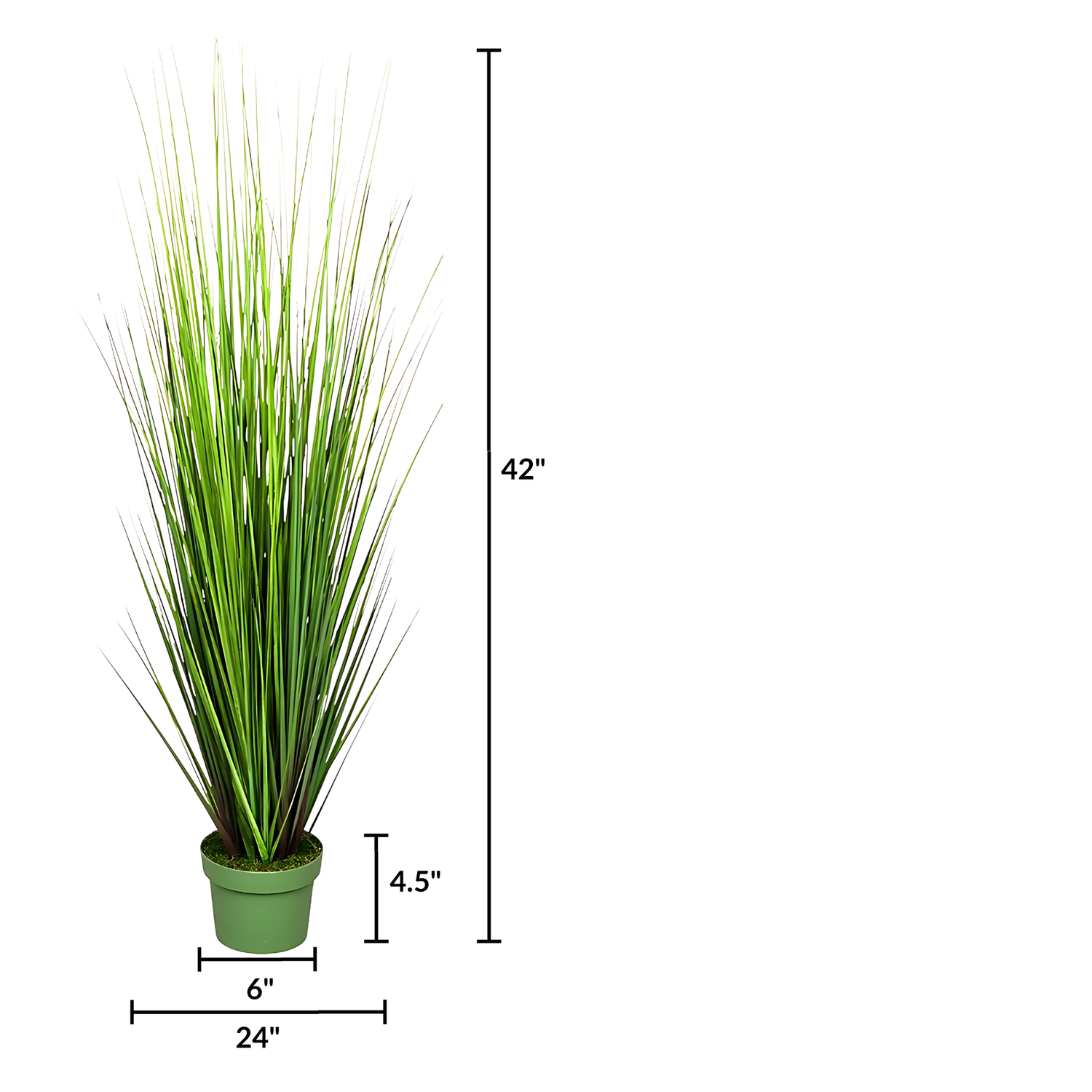 Faux 42-inch Green Onion Grass in green nursery pot on a white background, featuring product measurements, by House of Silk Flowers.