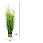 Faux 42-inch Green Onion Grass in green nursery pot on a white background, featuring product measurements, by House of Silk Flowers.