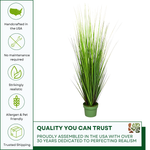 Faux 42-inch Green Onion Grass in green nursery pot on a white background, featuring quality assurances, by House of Silk Flowers.