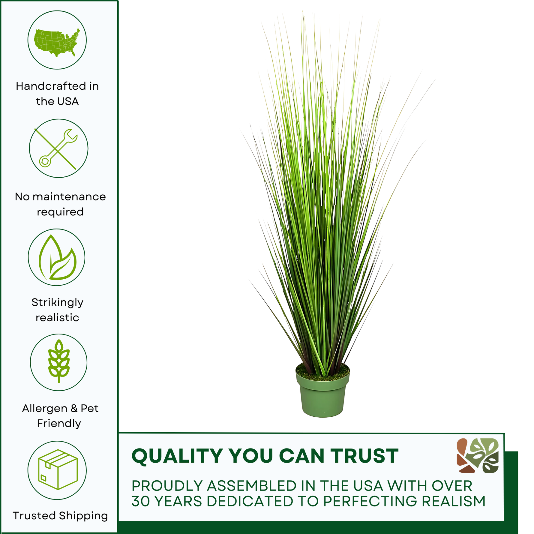 Faux 42-inch Green Onion Grass in green nursery pot on a white background, featuring quality assurances, by House of Silk Flowers.