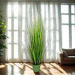 Faux 55-inch Green Onion Grass in green nursery pot sitting on a living room floor, by House of Silk Flowers.
