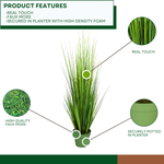 Faux 55-inch Green Onion Grass in green nursery pot on a white background, including product features, by House of Silk Flowers.