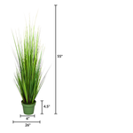 Faux 55-inch Green Onion Grass in green nursery pot on a white background, featuring product measurements, by House of Silk Flowers.