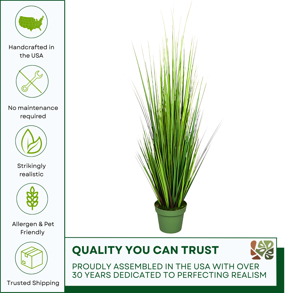 Faux 55-inch Green Onion Grass in green nursery pot on a white background, featuring quality assurances, by House of Silk Flowers.