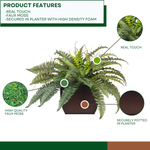 Faux Boston fern in a glossy brown zinc planter against a white background, highlighting product features, by House of Silk Flowers.