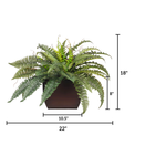Faux Boston fern in a glossy brown zinc planter against a white background, featuring measurements, by House of Silk Flowers.