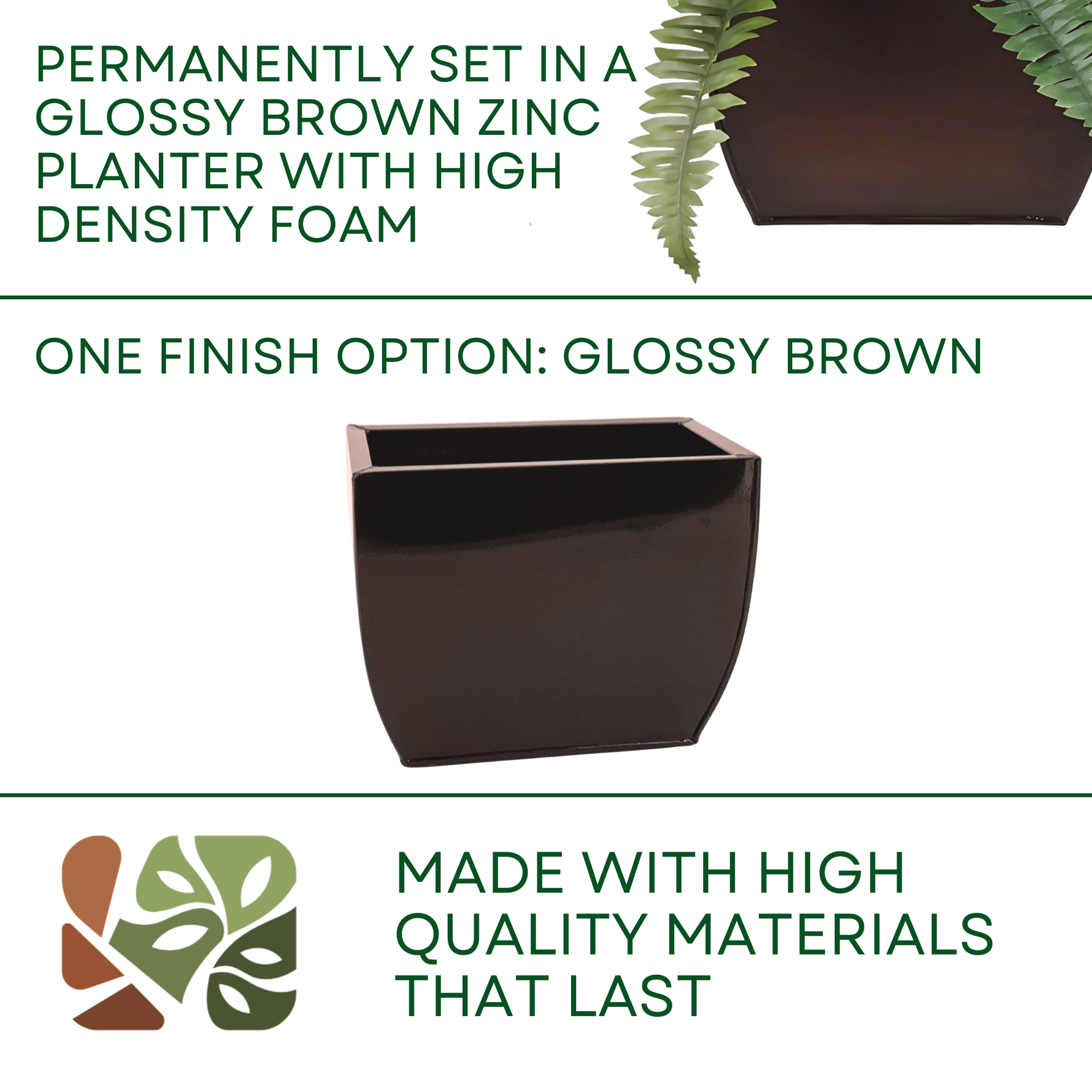 Faux Boston fern in a glossy brown zinc planter against a white background, featuring product options, by House of Silk Flowers.