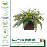 Faux Boston fern in a glossy brown zinc planter against a white background, featuring quality assurances, by House of Silk Flowers.