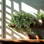 Faux pothos in a white-wash wood ledge container, sitting on a wooden shelf with other potted plants near a sunny window, by House of Silk Flowers.
