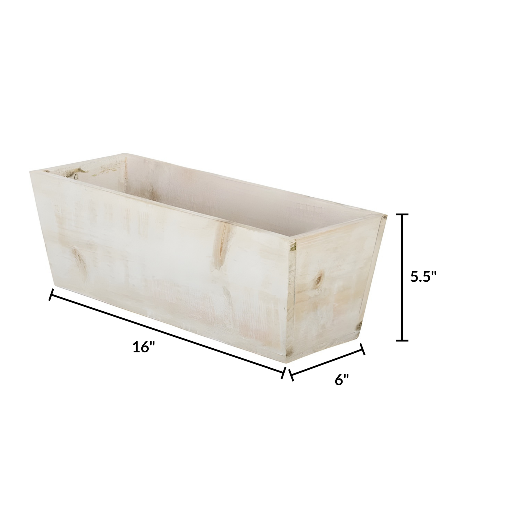 White-wash wood ledge container against a white background, featuring measurements, by House of Silk Flowers.