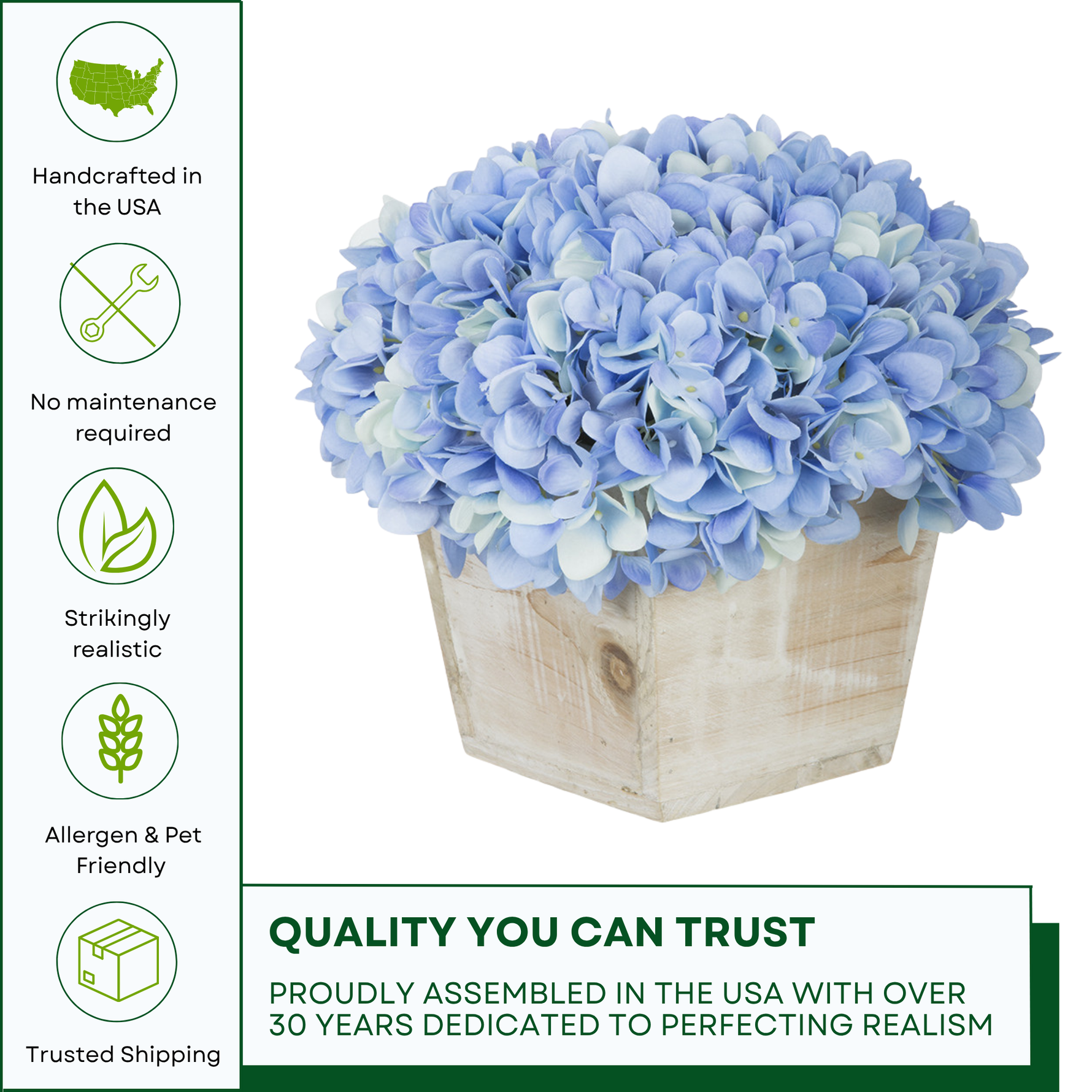 Blue hydrangea arrangement in a wooden box with quality assurance icons and text on a white background.