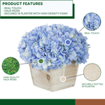 Blue hydrangea arrangement in a wooden planter with product features highlighted.
