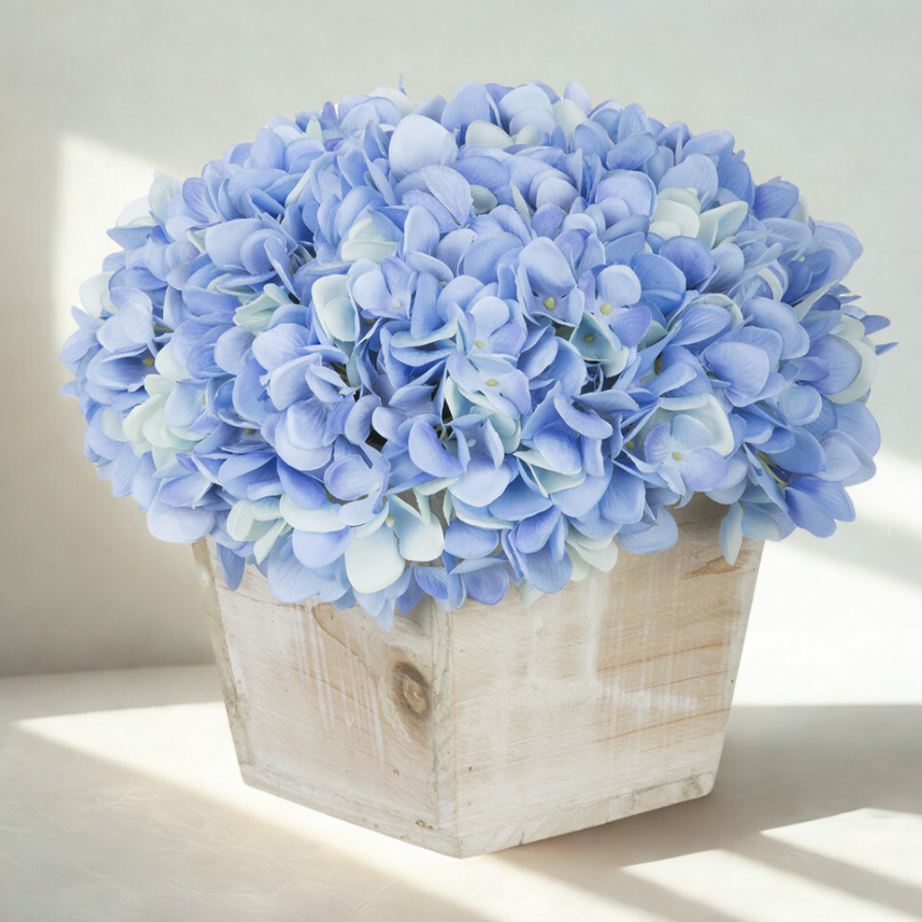 Blue hydrangeas in a wooden box on a light background