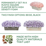 Product description of floral planters with text about finish options and material quality.