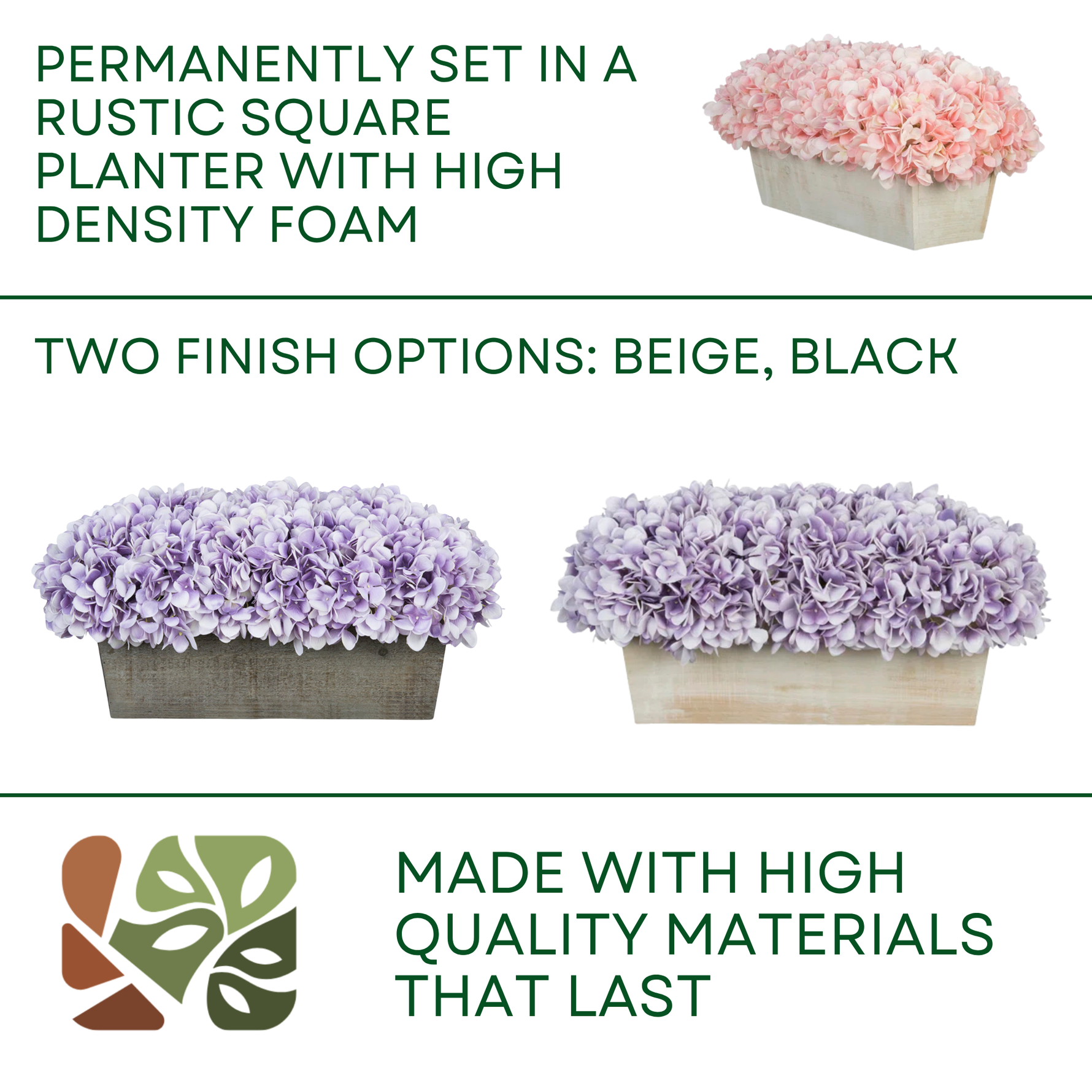 Product description of floral planters with text about finish options and material quality.