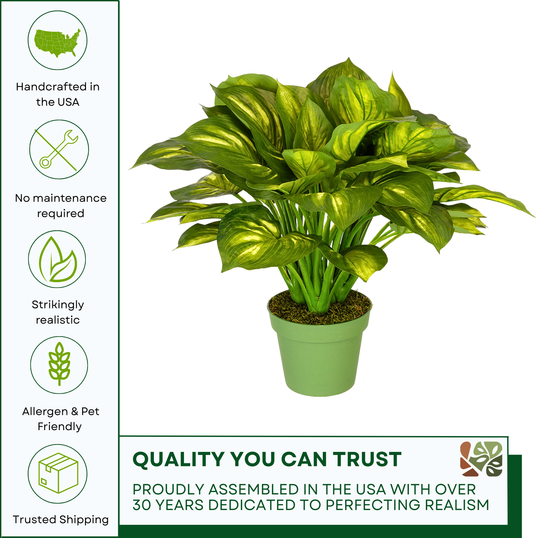Artificial Large Hosta in green nursery pot on a white background, featuring quality assurances, by House of Silk Flowers