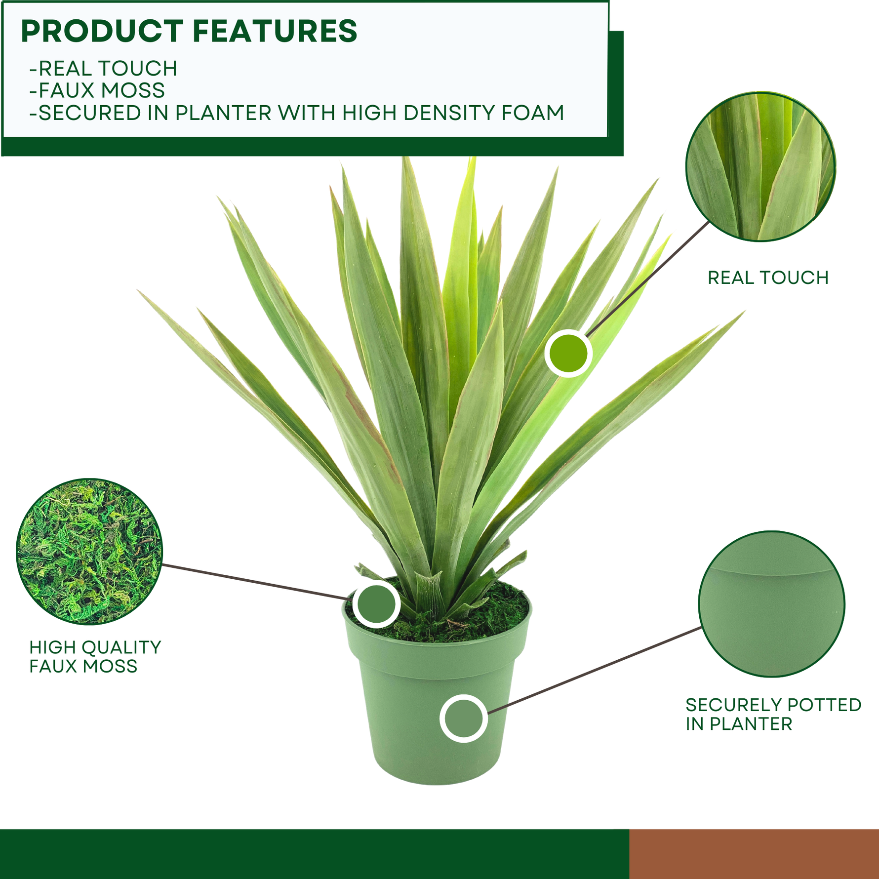 Faux Yucca plant in green nursery pot against white background, highlighting prodct features, by House of Silk Flowers.