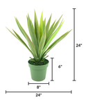 Faux Yucca plant in green nursery pot against white background, featuring product measurements, by House of Silk Flowers.