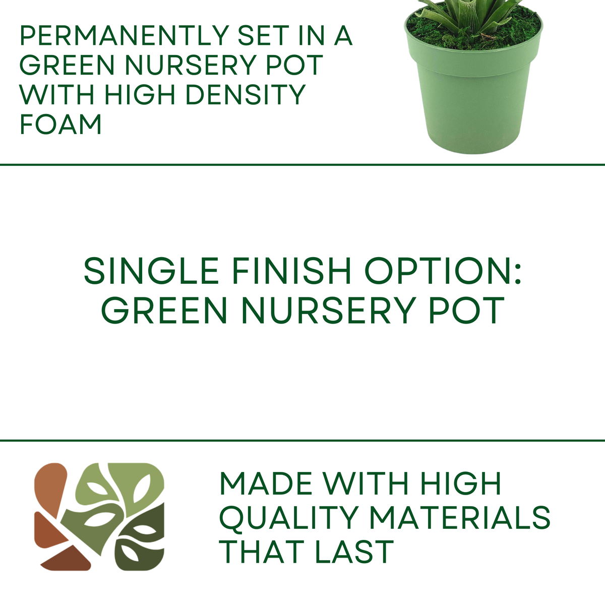 Faux Yucca plant in green nursery pot against white background, featuring product finish options, by House of Silk Flowers.