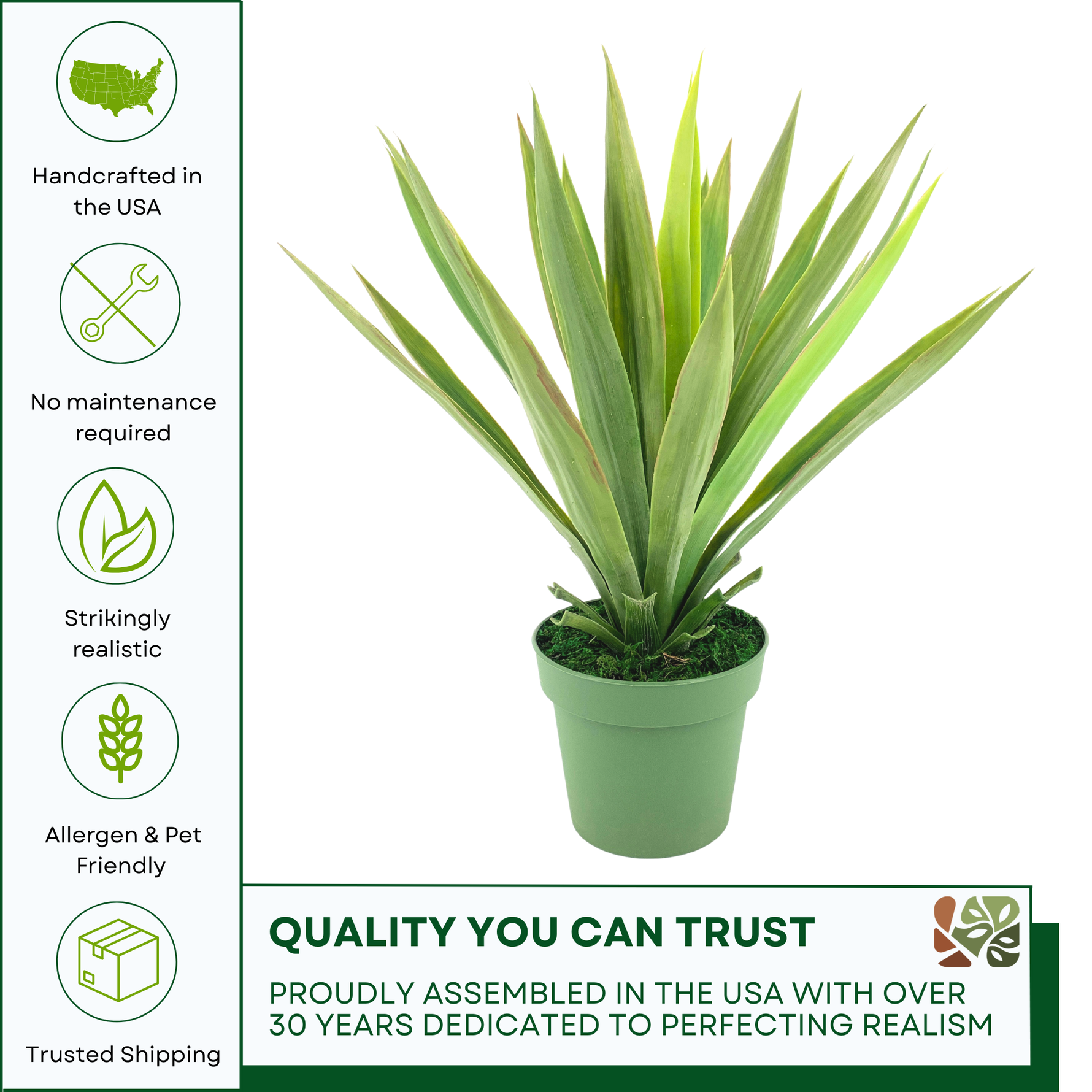 Faux Yucca plant in green nursery pot against white background, featuring quality assurances, by House of Silk Flowers.