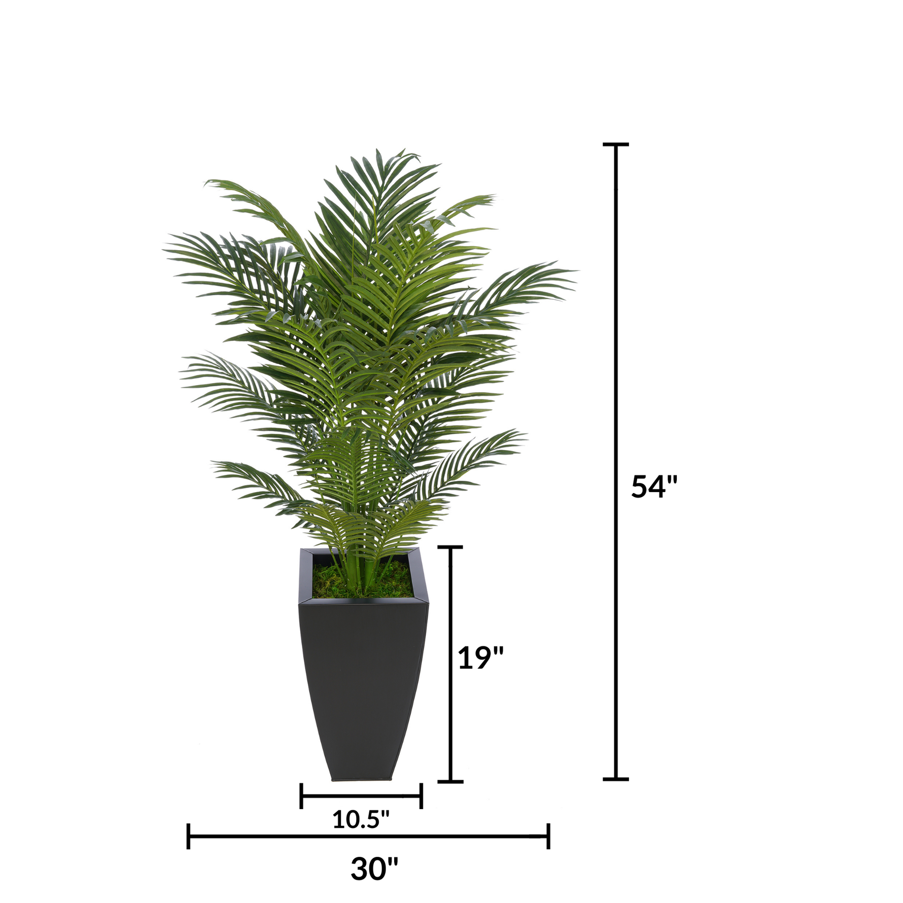 Faux 4.5 ft areca palm in black tapered square zinc against a white background, featuring measurements, by House of Silk Flowers.