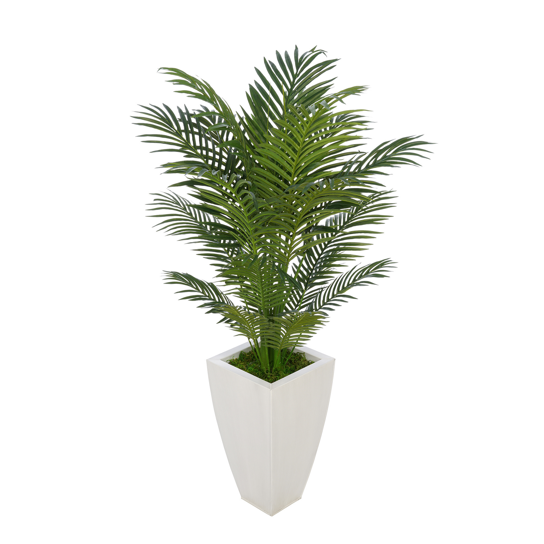 Faux 4.5 ft areca palm in cream tapered square zinc against a white background, by House of Silk Flowers.