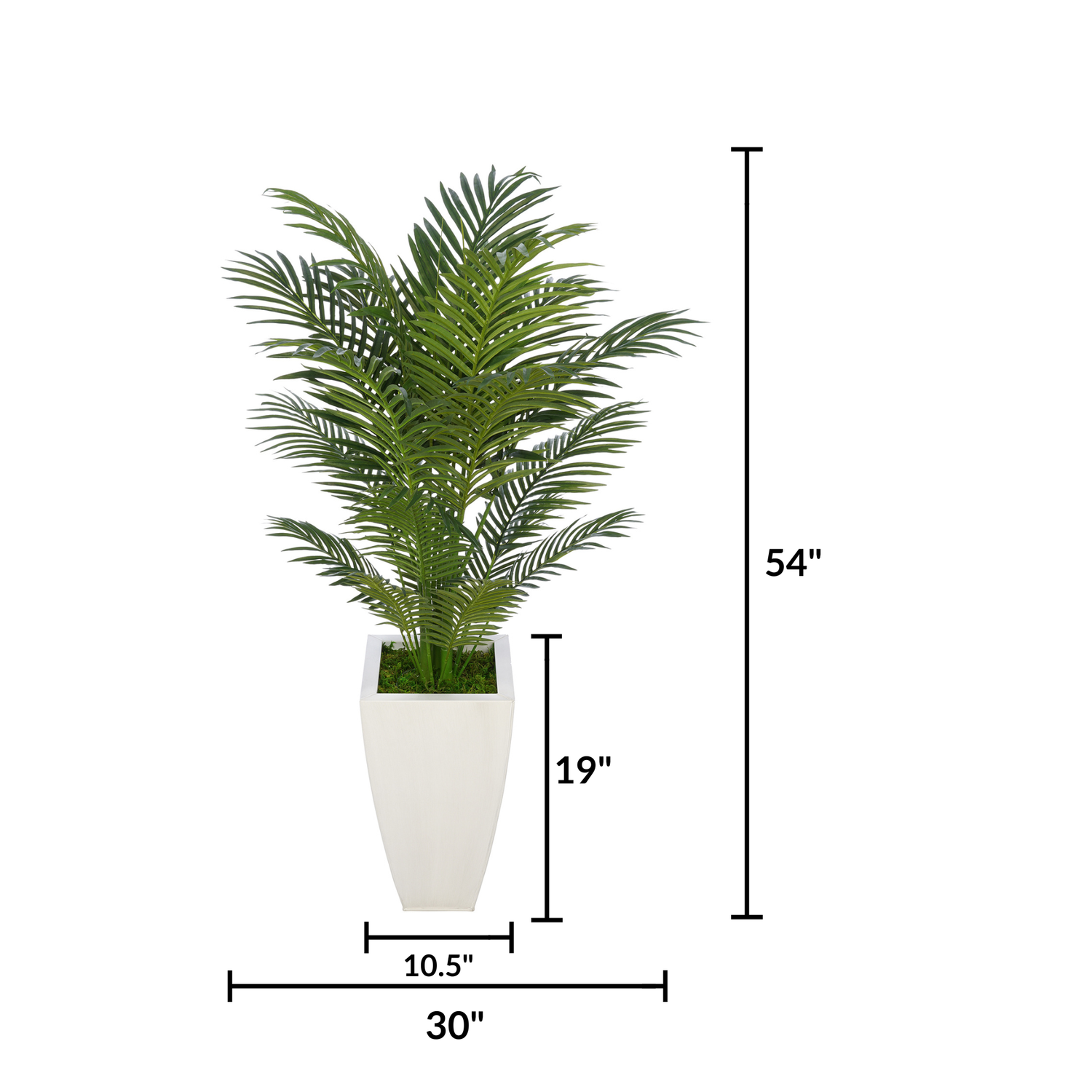 Faux 4.5 ft areca palm in cream tapered square zinc against a white background, featuring measurements, by House of Silk Flowers.