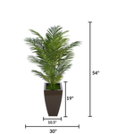 Faux 4.5 ft areca palm in glossy brown tapered square zinc against a white background, featuring measurements, by House of Silk Flowers.