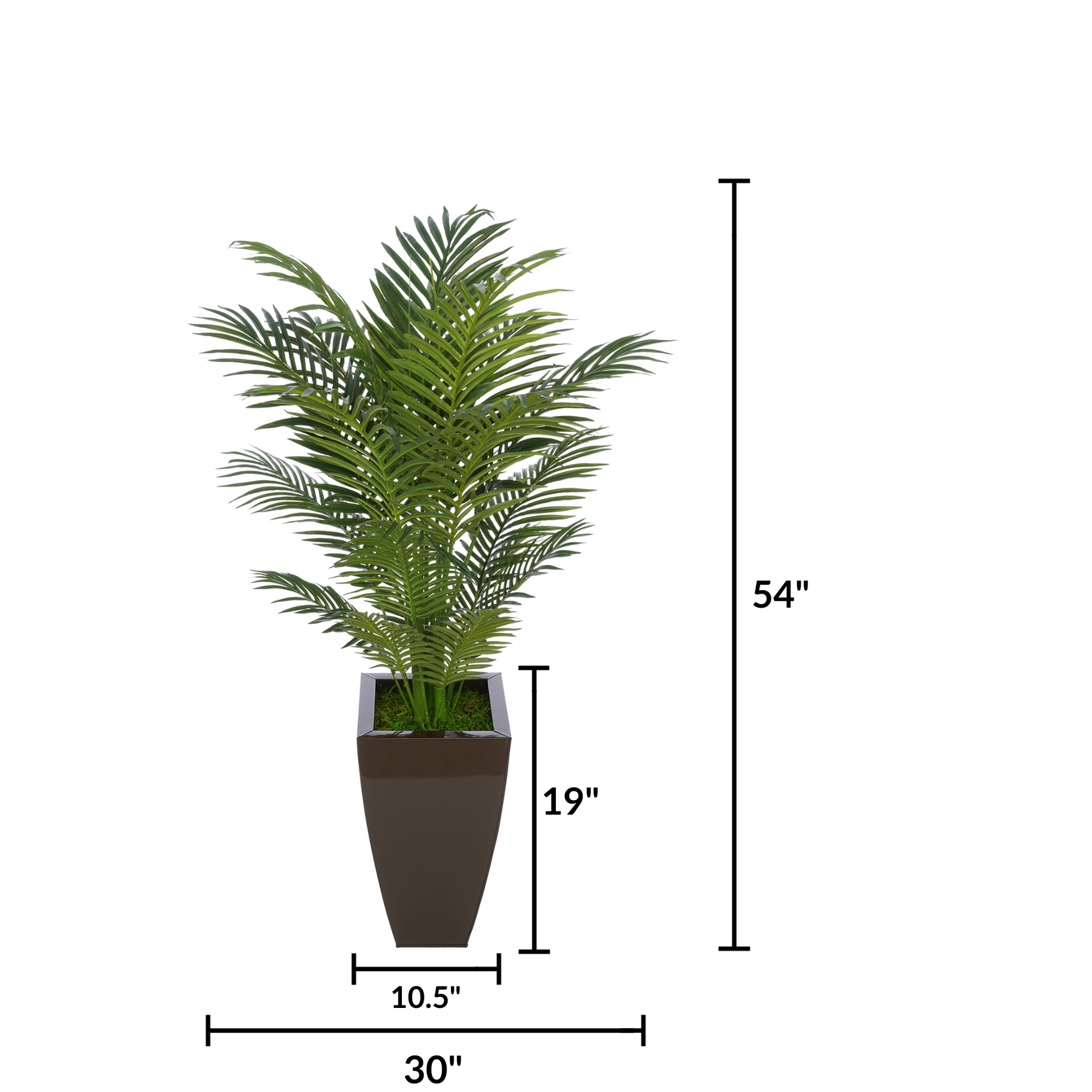 Faux 4.5 ft areca palm in glossy brown tapered square zinc against a white background, featuring measurements, by House of Silk Flowers.